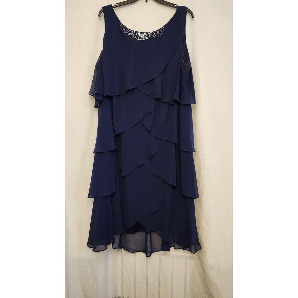 S.L. Fashions Dress Womens 22W Navy Tiered Chiffon Embellished Neck Cocktail